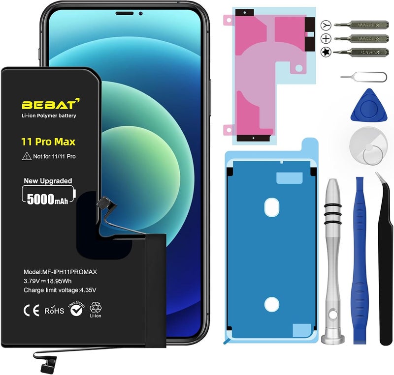 BEBAT Replacement for iPhone 11 PRO MAX Battery, 5000mAh High Capacity Li-ion Polymer Replacement Battery for Model A2218 A2161 A2220 with Professional Repair Tool Kits - Image 1
